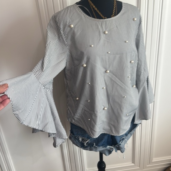 Striped Ruffle‎ Sleeve Top with Pearls - Picture 3 of 7